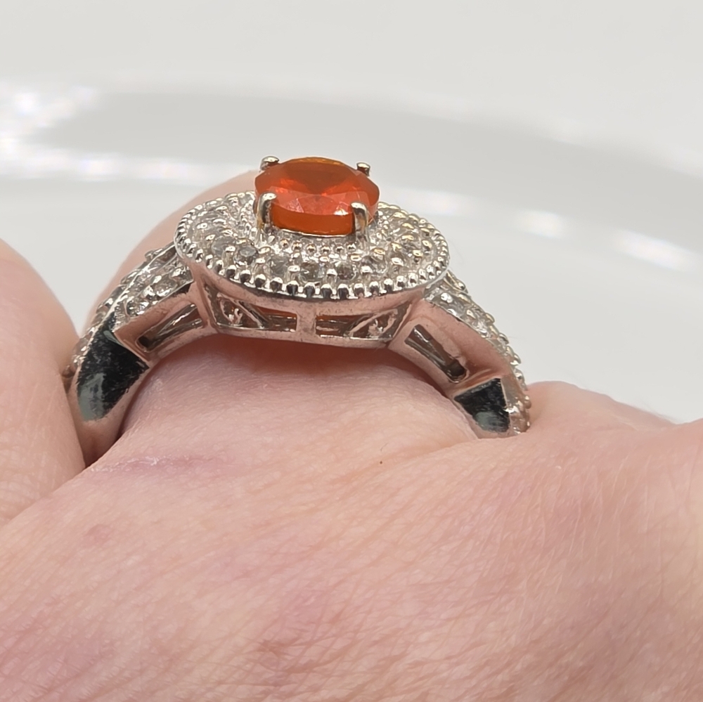 Designer Signed Mexican Fire Opal And White Topaz Halo Ring - Picture 6 of 8